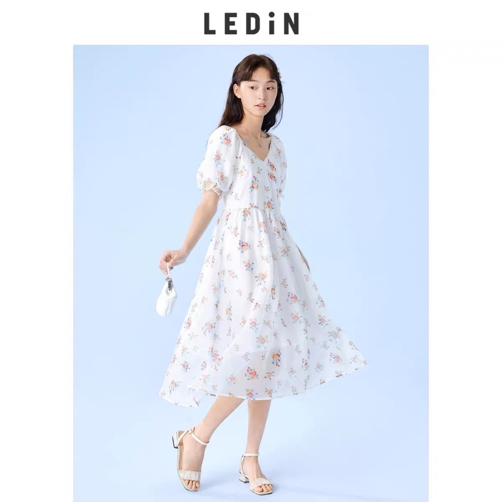 Korean Style Multi Soft Girl Flowers Print V-Neck Midi Dresses - Picture 2 of 4